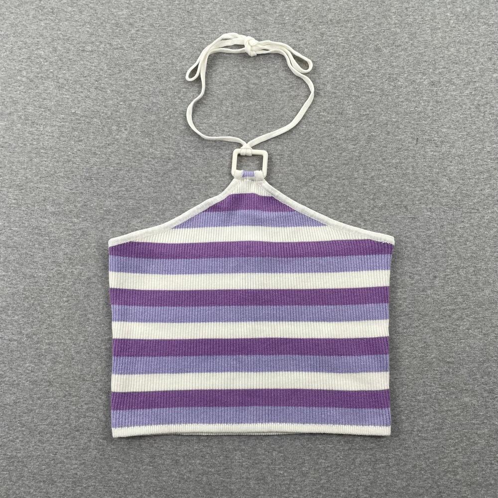 H&M Rib Knit Halter Crop Top Womens S Purple White Striped Retro Preppy Festival
